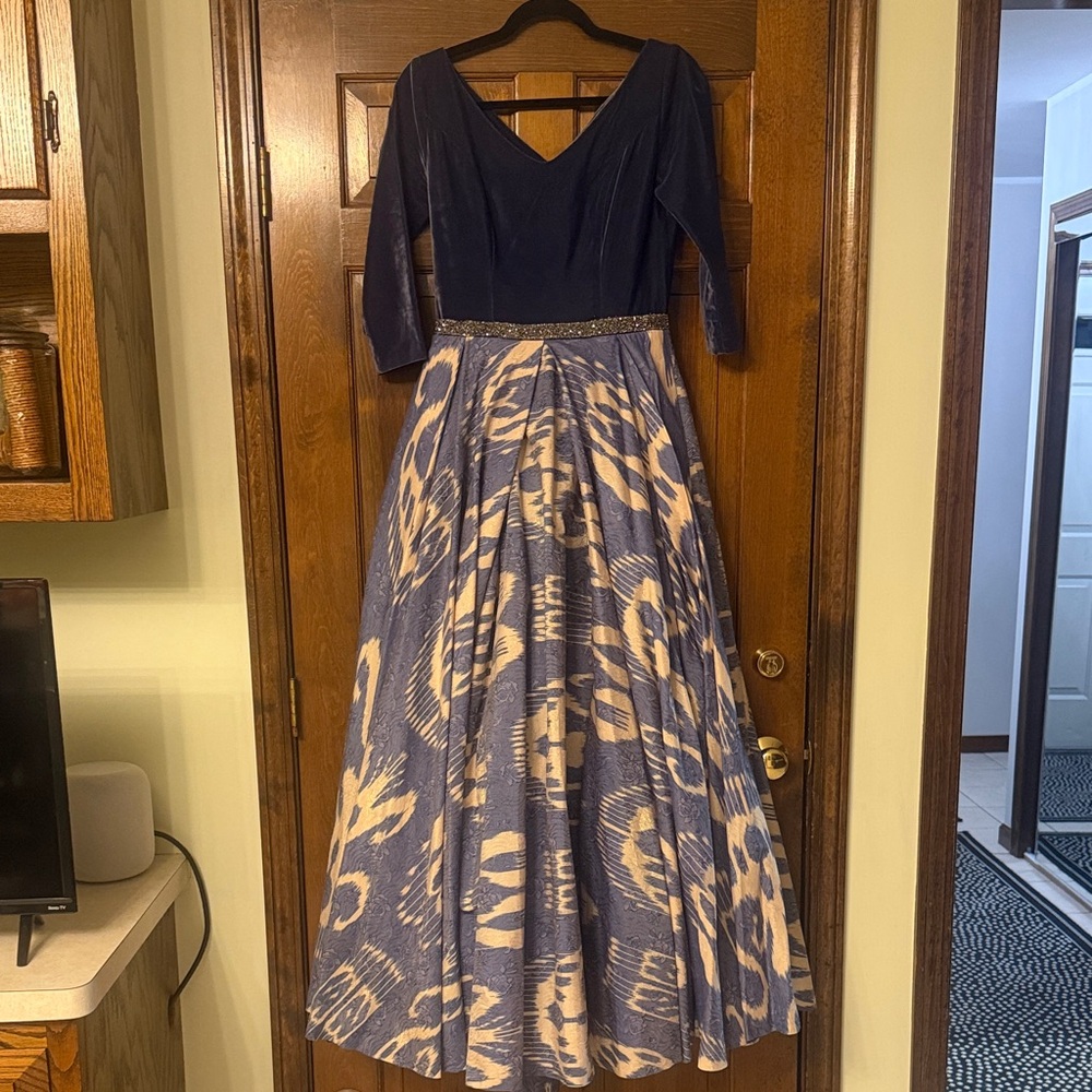 Elegant Blue and Cream Maxi Dress, Ikat, Uzbek Adras gown